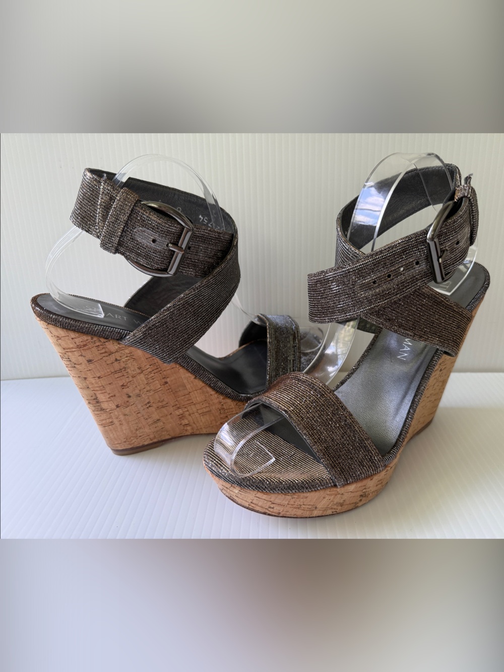 StuartWeitzman  Wedge Sandals with Cork Platform Gold & Silver Size 8